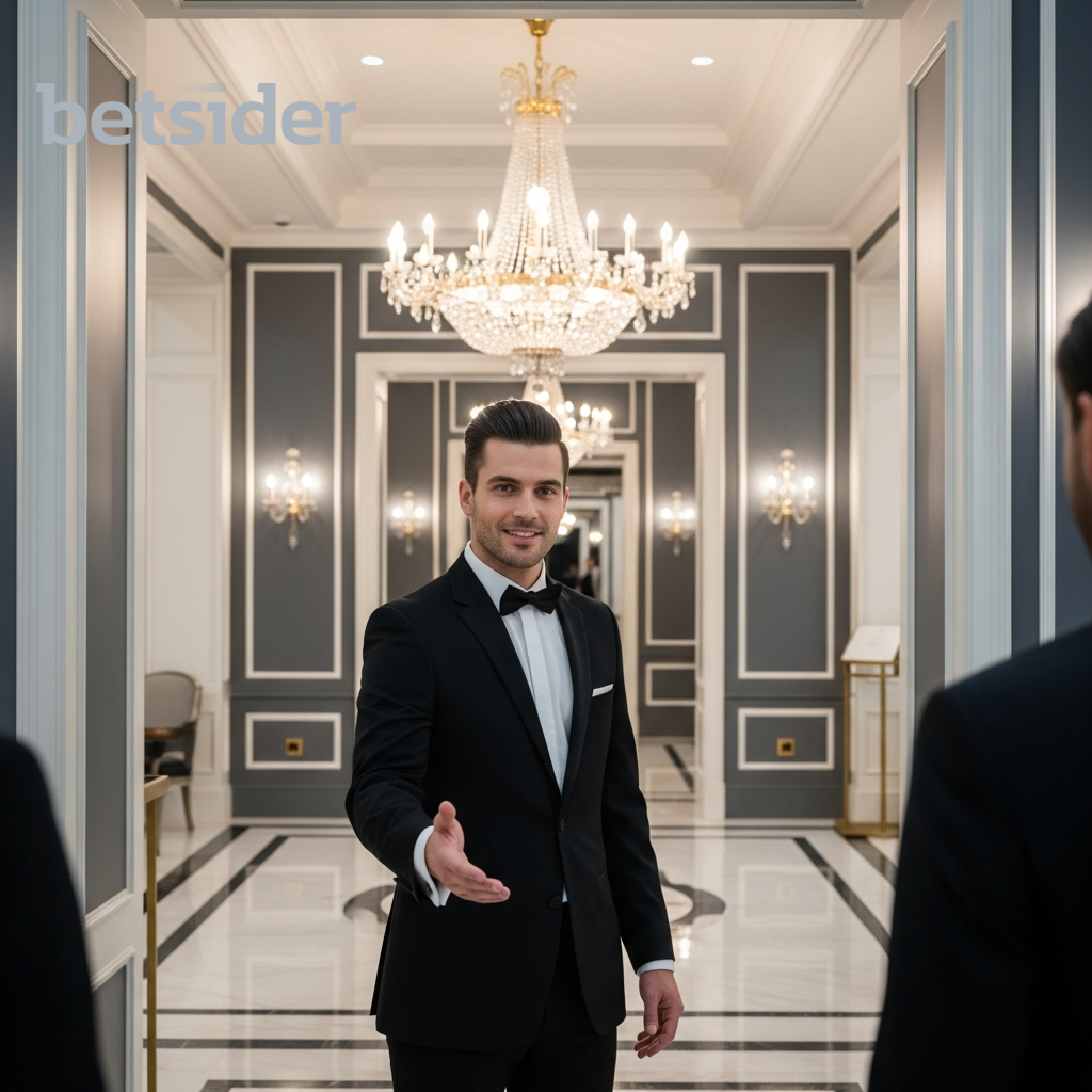 Welcoming doorman in a tuxedo in front of a luxury entrance